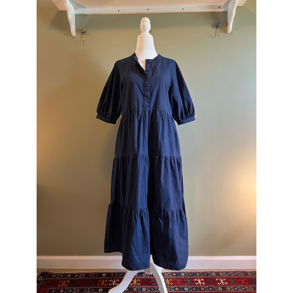 English Factory Navy Blue Tiered Midi Dress Puff Sleeve Dress